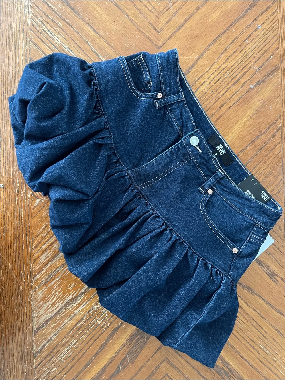 NYC Navy Ruffle Denim Mini Skirt